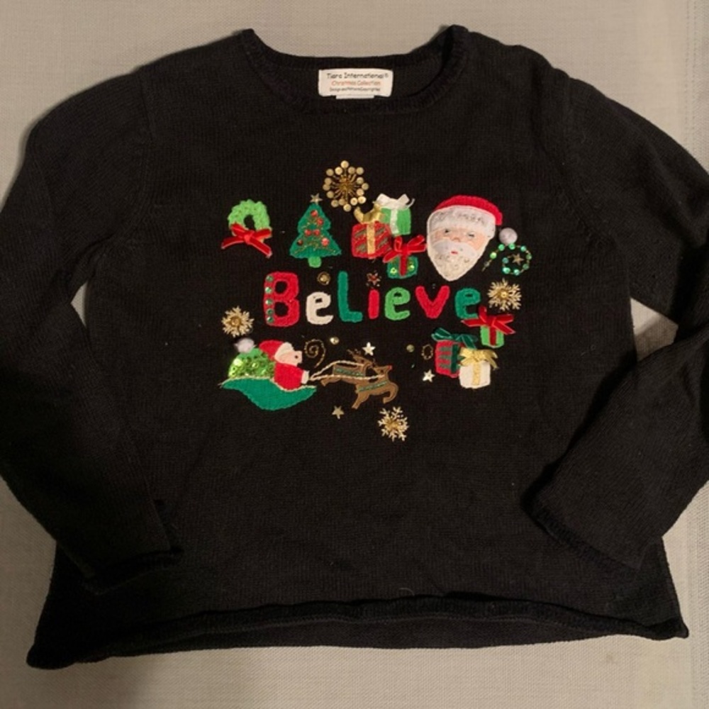 Tiara International VTG Women's M Ugly‎ Christmas Sweater believe Santa Granny